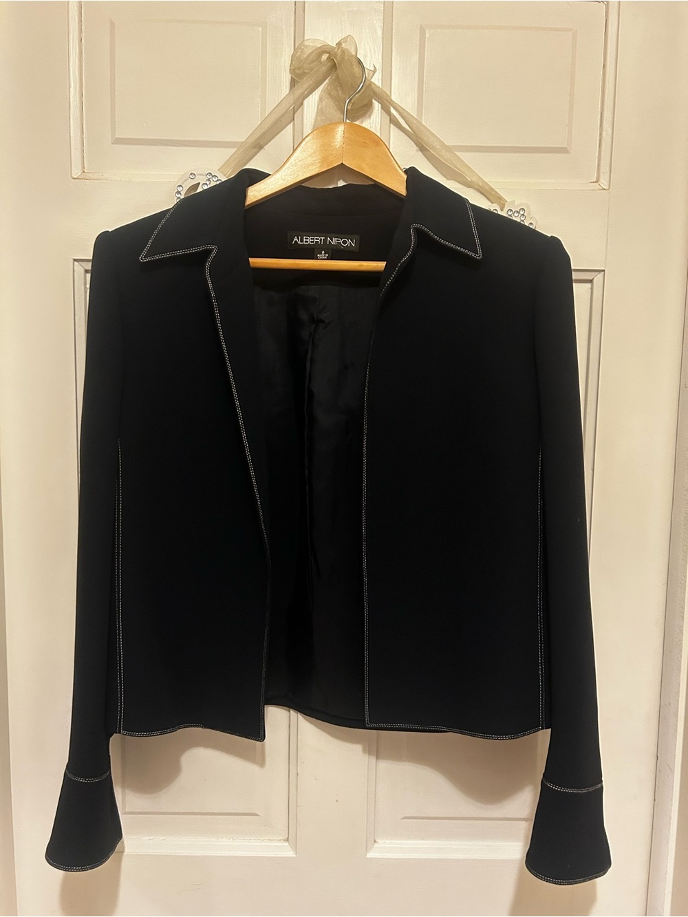 Albert Nipon Dark Blue Jacket with White Contrast Stitching